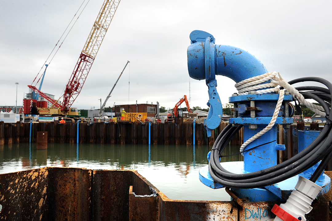 Ipswich Tidal Barrier during construction viewed from across water